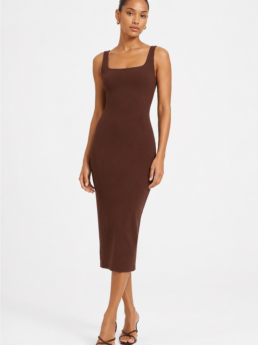Babaton Chocolate Brown Square-Neck Midi Dress